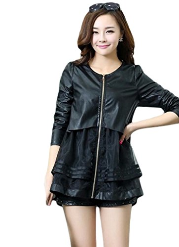 ナナコレクション Nana_Collection 2015 秋 クール マイルド ロック テイスト 異素材 レザー調 シフォン 大きめ サイズ ジップアップ ノーカラー ジャケット コート