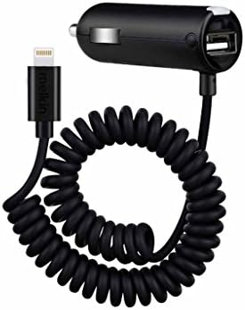 melkin 2.4A/12W Car Charger with 6FT/1.8M Stretchable Coiled Lightning to USB Cable