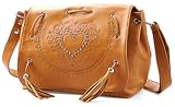 Western Country Cowgirl Style Brown Whimsical Studded Heart Tassels Leatherette Cross Body Shoulder Bag Purse Satchel