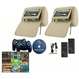 Pyle Super Quality DVD & Game System Package for Car/Truck/SUV -- Pair of Headrests with Built-In 7 DVD USB SD VIDEO Monitors, MP3/MP4/iPod Player + 2 IR Wireless Headphones + 2 Wireless Controllers (Tan)