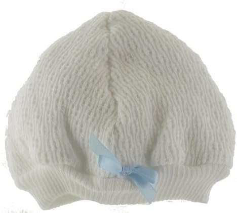 Paty Inc Baby Boys White Beanie Hat with Blue Satin Bow 0-3M