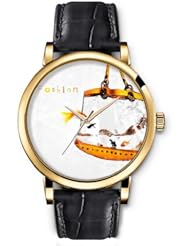 SPRAWL Aanalog Fashion Series Gold Ladies Watches of Genuine Black Leather Strap,Unique Wrist Watch for Women Girls Designed with Fishbowl -shaped bag