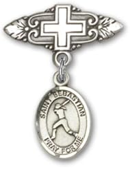 Sterling Silver Baby Badge with St. Sebastian Softball Charm and Badge Pin with Cross