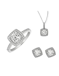 BRI Jewelry Sterling Silver 1 Large CZ W/ Clear Micropave Cubic Zirconia Square Pendant, Earring, and Ring Size 7 Set
