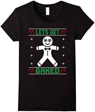 Women's Lets Get Baked Funny Ugly Christmas Sweater T Shirt Small Black