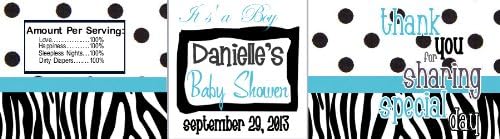 30 Personalized Water Bottle Labels Baby Shower Party Favors Black and Teal Zebra