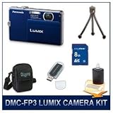 Panasonic LUMIX DMC-FP3 FP3 Blue Digital Camera, 14 MP, 4x Optical Zoom Lens, 3.0 Touch-Screen LCD, HD Video Recording, 8 GB Memory Card, Card Reader, Mini Tripod, Deluxe Carrying Case, & 3pc. Lens Cleaning Kit