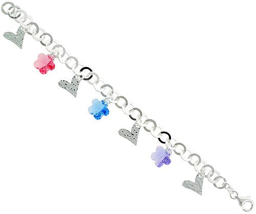 Sterling Silver Italian Charm Bracelet, w/ Hearts & Swarovski Crystal Flower Pendants, 3/4\