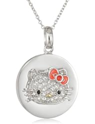 Hello Kitty by Simmons Jewelry Co. Czech Crystals Flat Pave Face and Red Bow Disc Girls Pendant Necklace