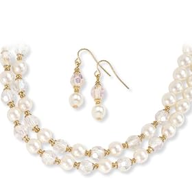 Gold-Plated Crystal and Pearls Simulated Necklace and Earring Jewelry Set
