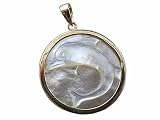 White Mother Of Pearl Round Dolphin Cameo Pendant, 14k Gold