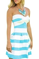 Bandeau Neck Striped Print Polyester Skater Dress 