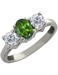 0.90 Ct Oval Green Tourmaline and White Diamond 18k White Gold Ring