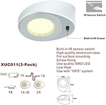 XYZER 3-Pack Built-in IR Sensor Switch LED Under Cabinet Light Kit for Confined Spaces, such as Cabinets, Bookshelves and Closets, Warm White, 8.2ft Power Cord, Silver Color, with UL-listed Power Adapter, Surface Mounting and Easy to Install
