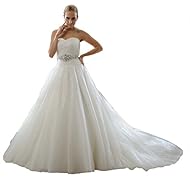 Strapless Lace Beaded Chiffon Wedding Dress  with a Brush/Sweep Train  With a Sash 