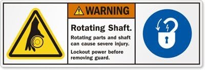 Rotating shaft. Rotating parts and shaft can cause, Vinyl Labels, 25 Labels / pack, 8.25" x 2.75"