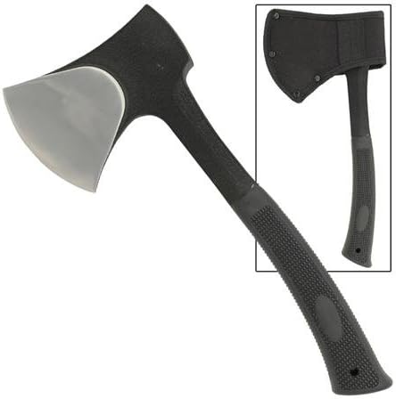 All Metal Quality Camp Axe Cast All Metal Handle with Molded Rubber Grip 440 Stainless Steel Blade Is Sharp Overall Length: 11-1/2" Head Length 4-5/8" Blade Witdh 3-1/2" Scabbard Balistic Nylon with Belt Loop
