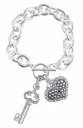 Heart and Key Charm Bracelet - Silver Plated Metal Link with Toggle Closure (7-1/2") (FB182)