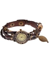 Aokin Women Lady Fashion Vintage Retro Wrap Around Weave Leather Watch Bracelet Wrist Watch Wristband (Brown)