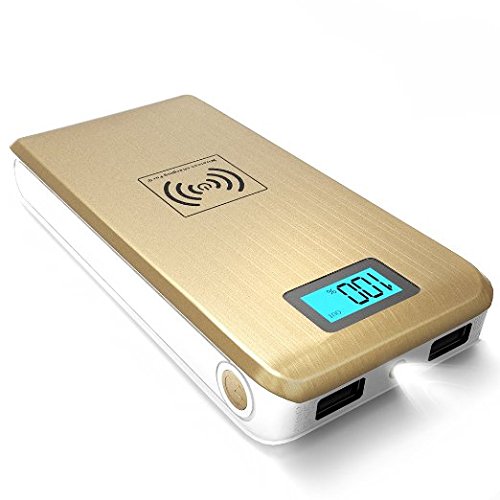 Qi Wireless Power Bank Dual USB Portable ActionPie TM 12000mAH External Battery Charger Smart LCD Display & LED Flashlight Backup Charger 2.1Amp Input Fast Charging (golden)