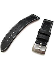 23mm CrocoCalf (Croco Grain Pattern) Matte Black Watch Strap with Grey Stitching