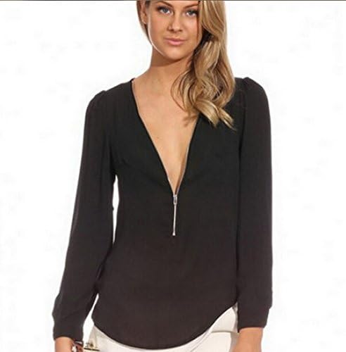 Women Blouses Zip Shirt Casual Long Sleeve V-neck Chiffon Blouse (XXXL, Black)