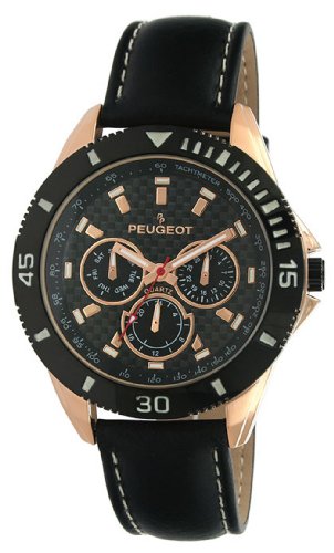 Peugeot Men's 2031RG Rose-Gold Multi-Function Black Leather Strap Watch