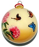 Hand Painted Glass Ornament, Yellow with Butterflies and Pink Peonies CO-191
