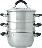 Ready Steady Cook Bistro 18cm Stainless Steel 3 Tier Steamer with Glass Lid, Silver and Black