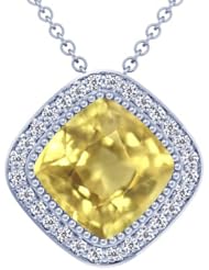18K White Gold Cushion Cut Yellow Sapphire And Round Diamond Pendant
