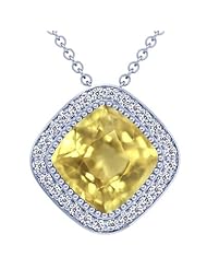 14K White Gold Cushion Cut Yellow Sapphire And Round Diamond Pendant