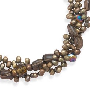 Chocolate Olive Pearl Three Strand Torsade Necklace with Crystal and Smoky Quartz