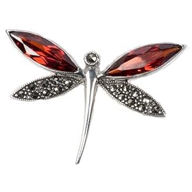 STERLING SILVER BROOCH 30X43mm - Marcasite w Garnet CZ by Toltec Trading Company