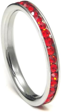 316L Stainless Steel Ruby Red Cubic Zirconia CZ Eternity Wedding 3MM Band Ring Sz 7