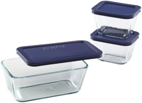 Pyrex 1073142 Rectangular Clear-Glass Food-Storage Containers with Blue Plastic Lids, Set of 3