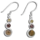 Sterling Silver Carved African Tiger Eye Face w/ Citrine and Garnet Dangle Earrings by Sajen