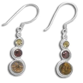 Sterling Silver Carved African Tiger Eye Face w/ Citrine and Garnet Dangle Earrings by Sajen