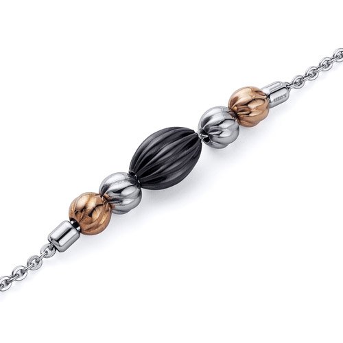 Jet Black and Gold Tone Corrugated Bead Stainless Steel Chain Bracelet