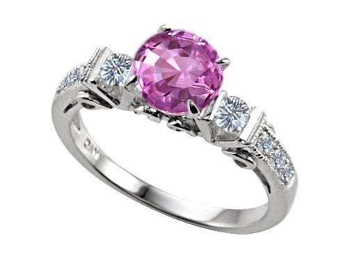 2.03 cttw Engagement Ring With 6 Genuine Diamonds And Created Round Pink Sapphire