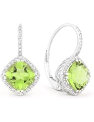 Natural 3.16ct Cushion-Cut Green Peridot Gemstone & Diamond Earring Set In 14K White-Gold Lever-Back
