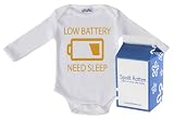 Spoilt Rotten - Low Battery, Need Sleep Long Sleeve Babygro / Bodysuit Organic Baby Clothing 100% Organic Sizes 12-18 months WHITE/BLACK + in funky Milk Carton
