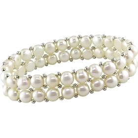 6.5-7mm Cultured Pearl Double-Strand Elastic Bracelet w/Sterling Silver Beads