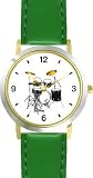 Drum Set (Drums) Musical Instrument - Music Theme - WATCHBUDDY® DELUXE TWO-TONE THEME WATCH - Arabic Numbers - Green Leather Strap-Size-Children's Size-Small ( Boy's Size & Girl's Size )