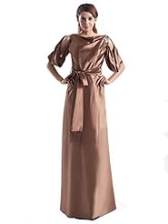 A-line Satin Natural   Waistline Floor Length Elbow Length Sleeves Lace Bateau Neck  Dress With a Sash 
