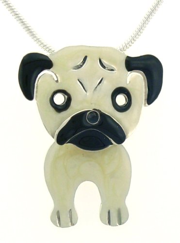 Pug Dog w/ Swinging Legs Pendant Necklace - Fawn & Black Sterling Silver & Enamel