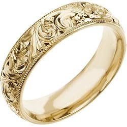 14K Yellow Gold 6mm Hand Engraved Wedding Band Ring