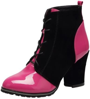QueenFam Women's PU Cotton Lining High Chunky Heels Colorant Match Ankle Boots with Lace-up,Rose,36