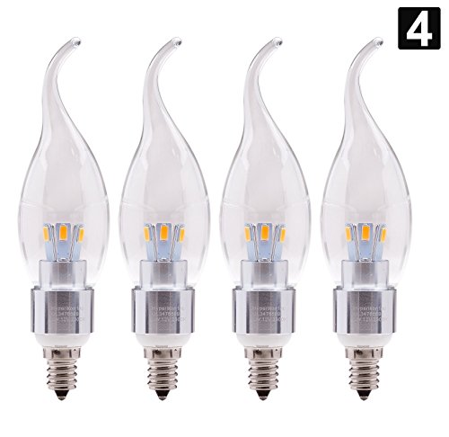 4-Pack of Hyperikon® LED Candle 3-Watt (30-Watt), Flame Tip Chandelier Bulb, Silver Housing, Candelabra Base (E12), 2700K (Warm Glow®), 340°-Beam Angle, Dimmable, UL-Listed