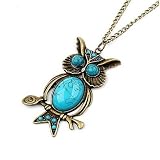 Unique Bronze Copper Plated Metal Long Chain Turquoise Owl Pendant Necklace