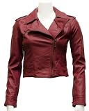 Ladies Burgundy Synthetic Leather Biker Jacket Angled Zipper